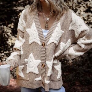 KHAKI SHERPA STAR PATTERN TEXTURE SWEATER CARDIGAN WITH POCKETS